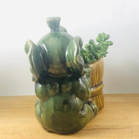 Majolica Elephant Planter Trunk Up MCM Heavy Good Luck - Picture 3 of 7